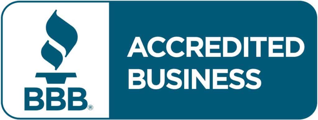 The image shows the BBB Accredited Business logo, featuring a stylized torch icon on the left and the text "ACCREDITED BUSINESS" to the right, all in a blue color scheme.