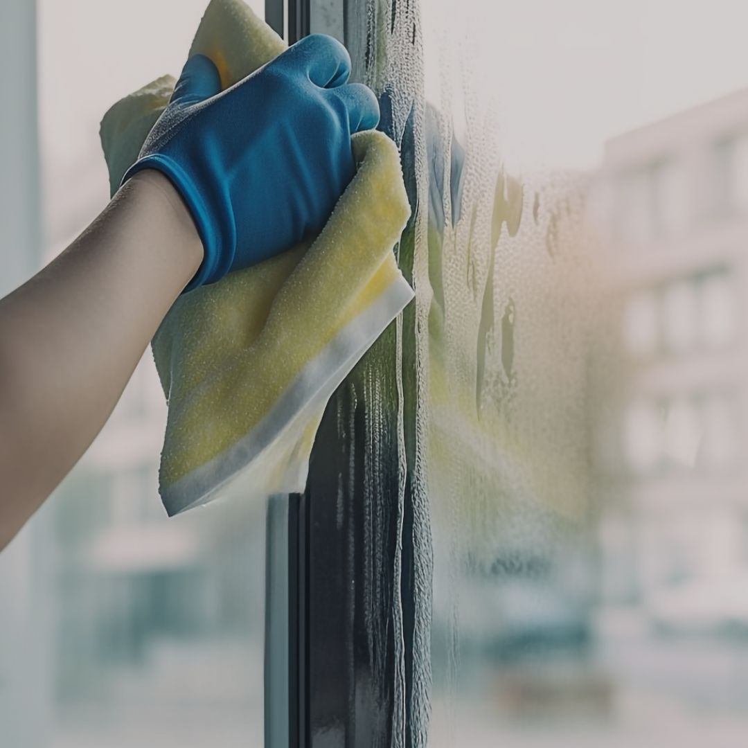 A person wearing a blue glove from Latin Group Commercial Cleaning is diligently cleaning a glass window with a yellow cloth. The window, partially covered in soap suds, reveals a blurred building in the background.