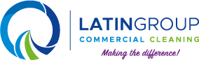 Logo of Latin Group Commercial Cleaning featuring a blue and green swirl design on the left. The text "LATINGROUP" is in blue, "COMMERCIAL CLEANING" in blue, and the tagline "Making the difference!" in purple at the bottom, representing top-notch commercial cleaning services.