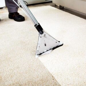 A person using a carpet cleaning machine from Latin Group Commercial Cleaning illustrates the stark contrast between cleaned and uncleaned areas on a light-colored carpet. The tool's transparent head reveals the water flow, showcasing the effectiveness of professional cleaning services.