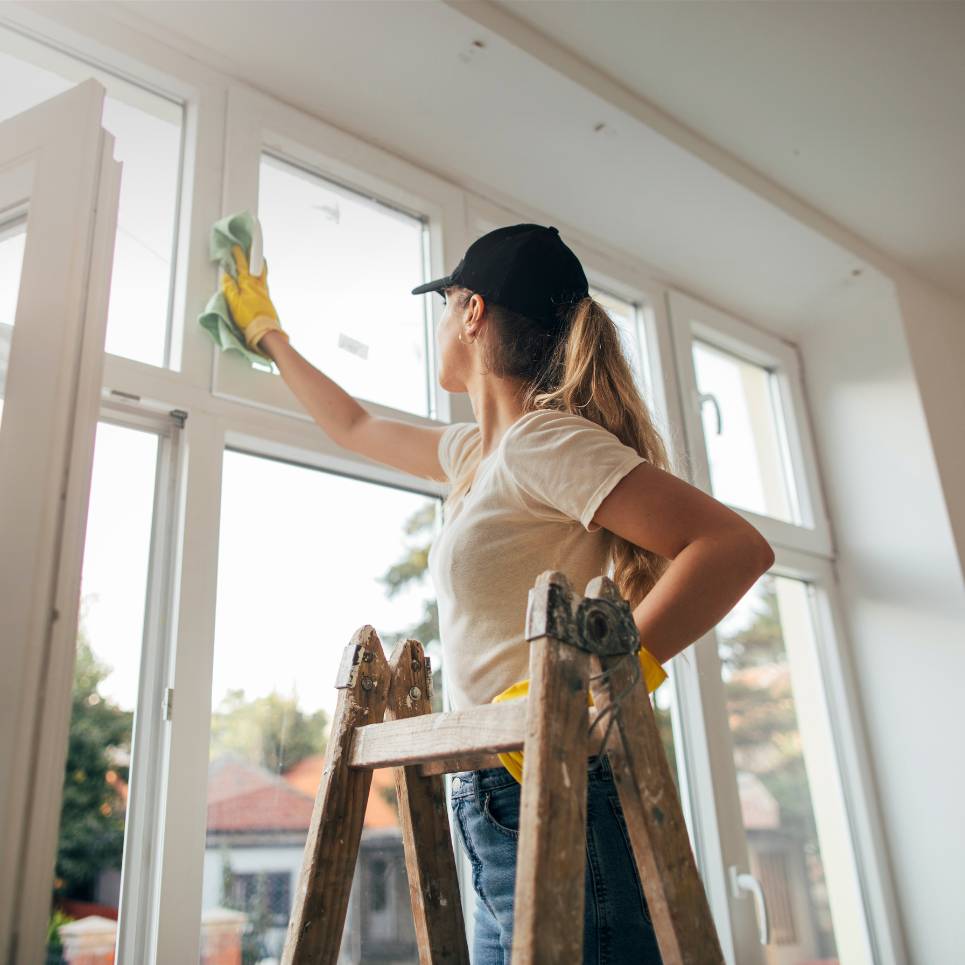 A person in a black cap, white t-shirt, and yellow gloves stands on a ladder, expertly performing commercial cleaning by wiping large windows with a green cloth. The bright room provides a clear view of the buildings outside.