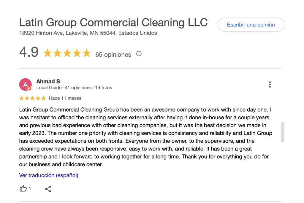 Screenshot of a 4.9-star Google review for Latin Group Commercial Cleaning LLC with 65 reviews. Ahmad S praises their cleaning services, highlighting consistency, reliability, and responsiveness. The review expresses satisfaction and gratitude for past work.