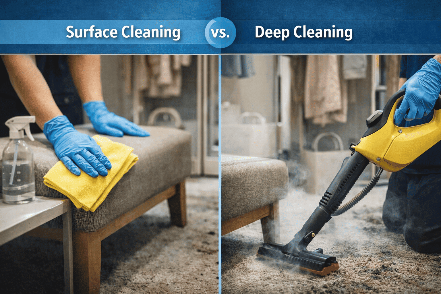 Surface cleaning versus deep cleaning in a retail fitting room,