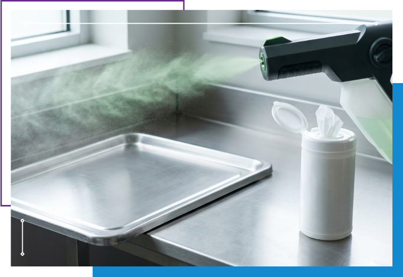 a high-tech electrostatic disinfection sprayer device actively emitting a subtle green-tinged mist towards a seamless stainless steel surgical tray and counter in a sterile Bloomington medical laboratory setting
