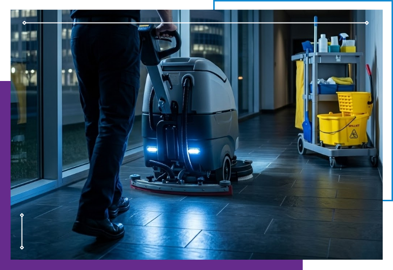 a janitor using a powerful professional floor auto-scrubber machine in a large Bloomington commercial facility hallway at night