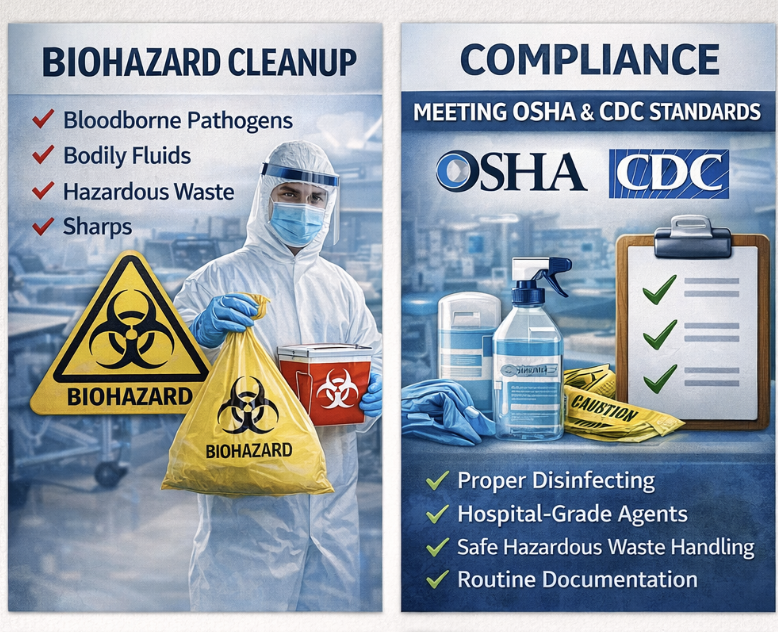 Medical cleaning compliance with OSHA and CDC standards using proper disinfecting procedures and safety protocols