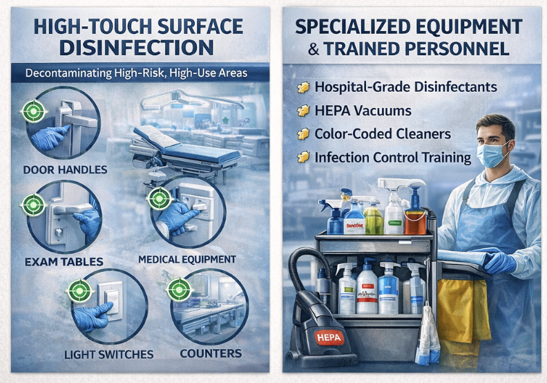 High-touch surface disinfection in healthcare facility including door handles, exam tables, and medical equipment