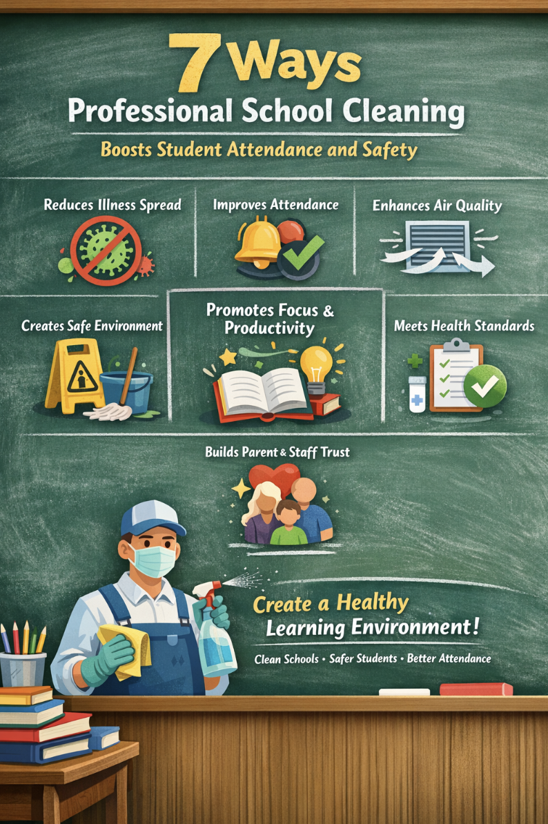 School cleaning infographic showing 7 ways educational facility cleaning improves student attendance, safety, and sanitization