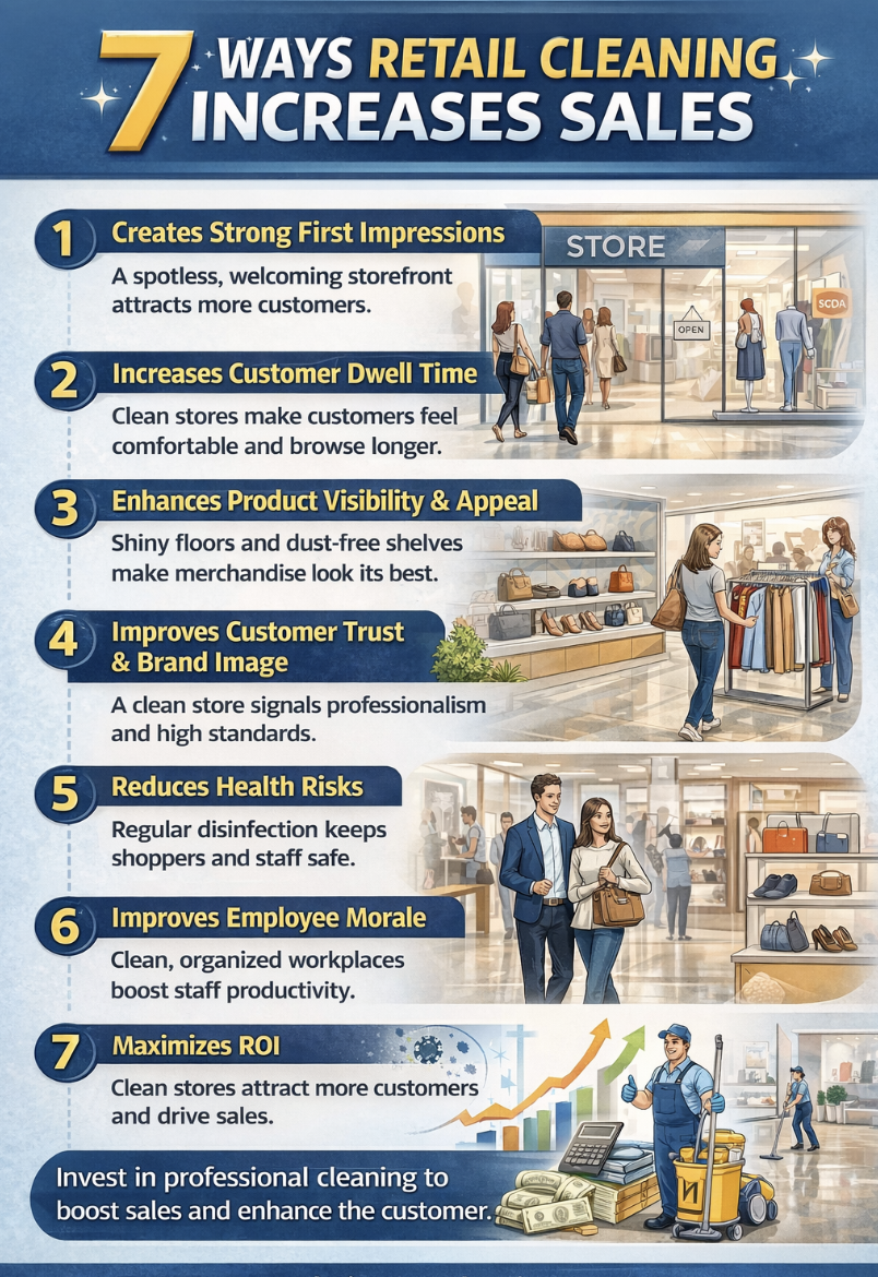 Retail cleaning infographic showing how professional cleaning improves customer experience, increases sales, and boosts store performance