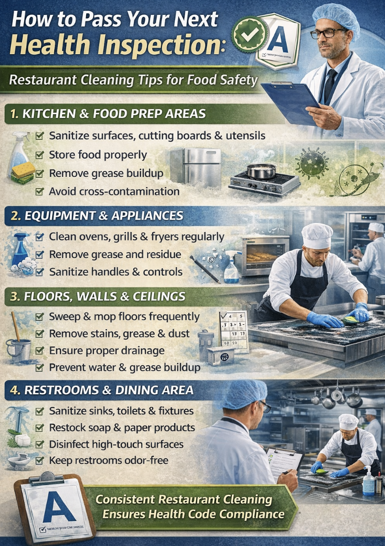Restaurant cleaning infographic showing key areas for health inspection including kitchen, equipment, floors, and restrooms cleaning