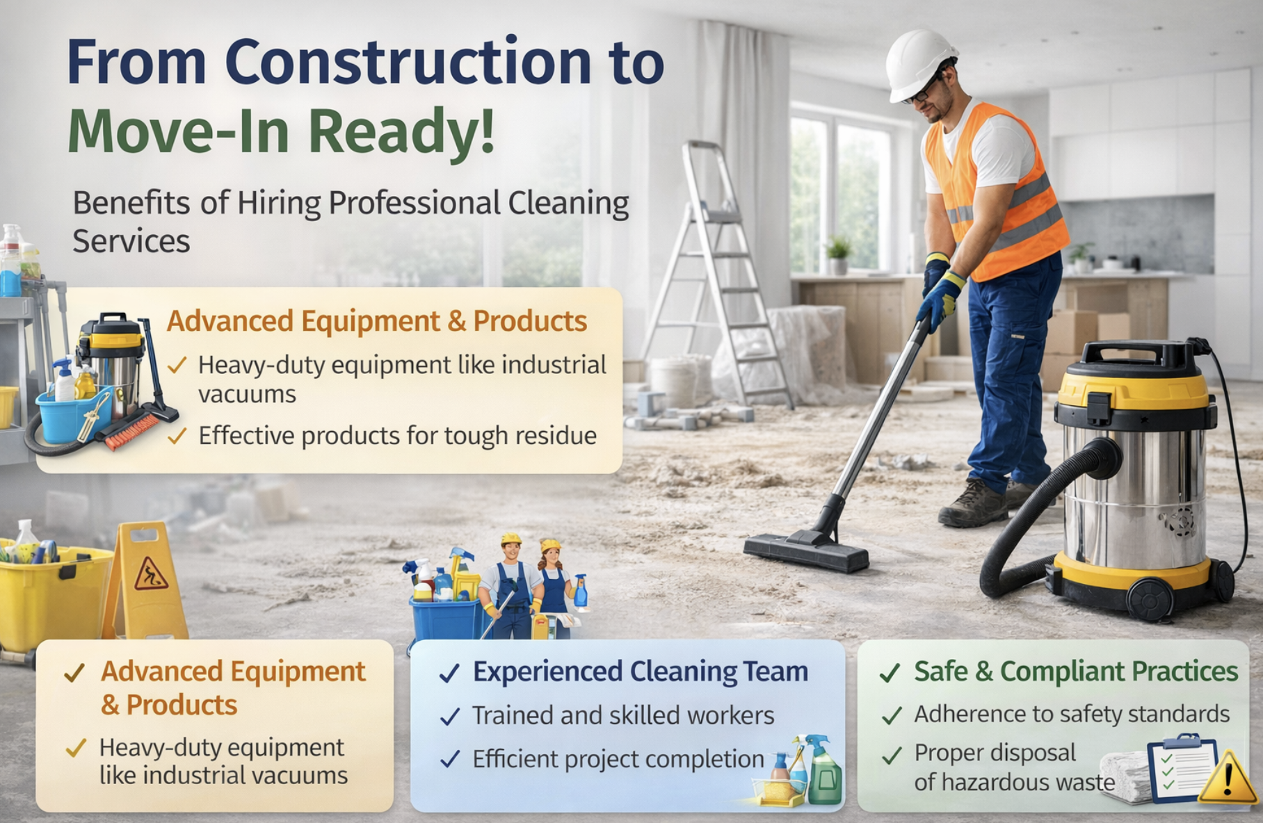 "Post-construction cleaning infographic showing benefits of professional cleaning services including equipment, team expertise, and safety compliance