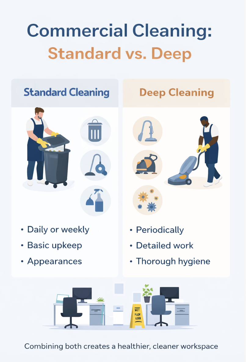 Infographic comparing standard cleaning and deep cleaning services in commercial spaces, highlighting routine maintenance vs detailed cleaning