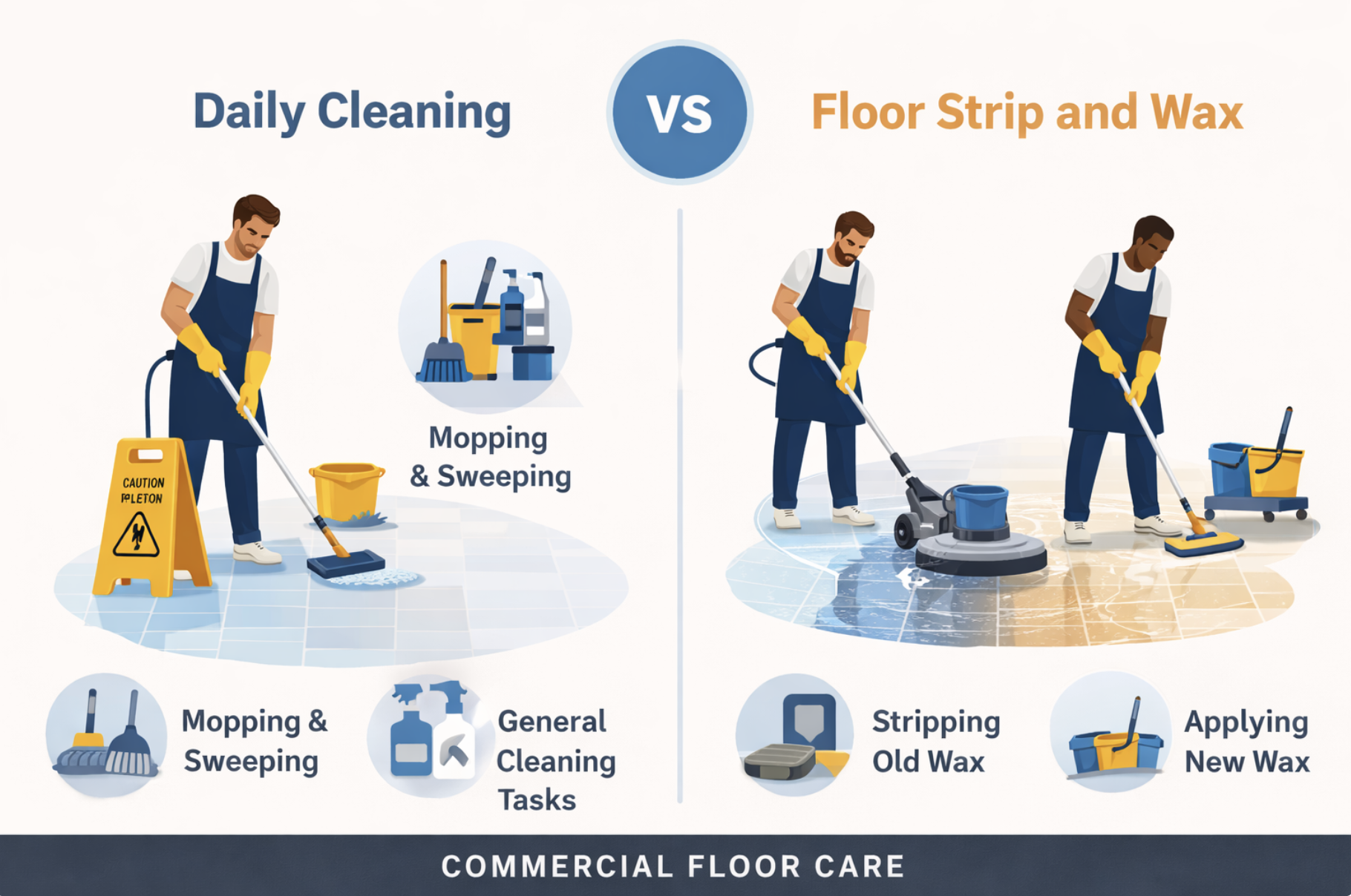 Infographic comparing daily floor cleaning and floor strip and wax services in commercial floor care
