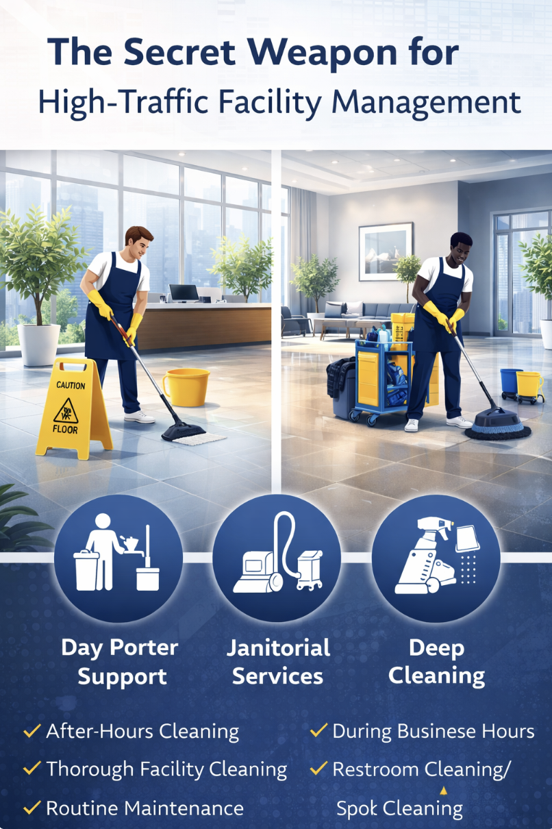 High-traffic facility cleaning infographic showing day porter, janitorial services, and deep cleaning strategy in commercial spaces