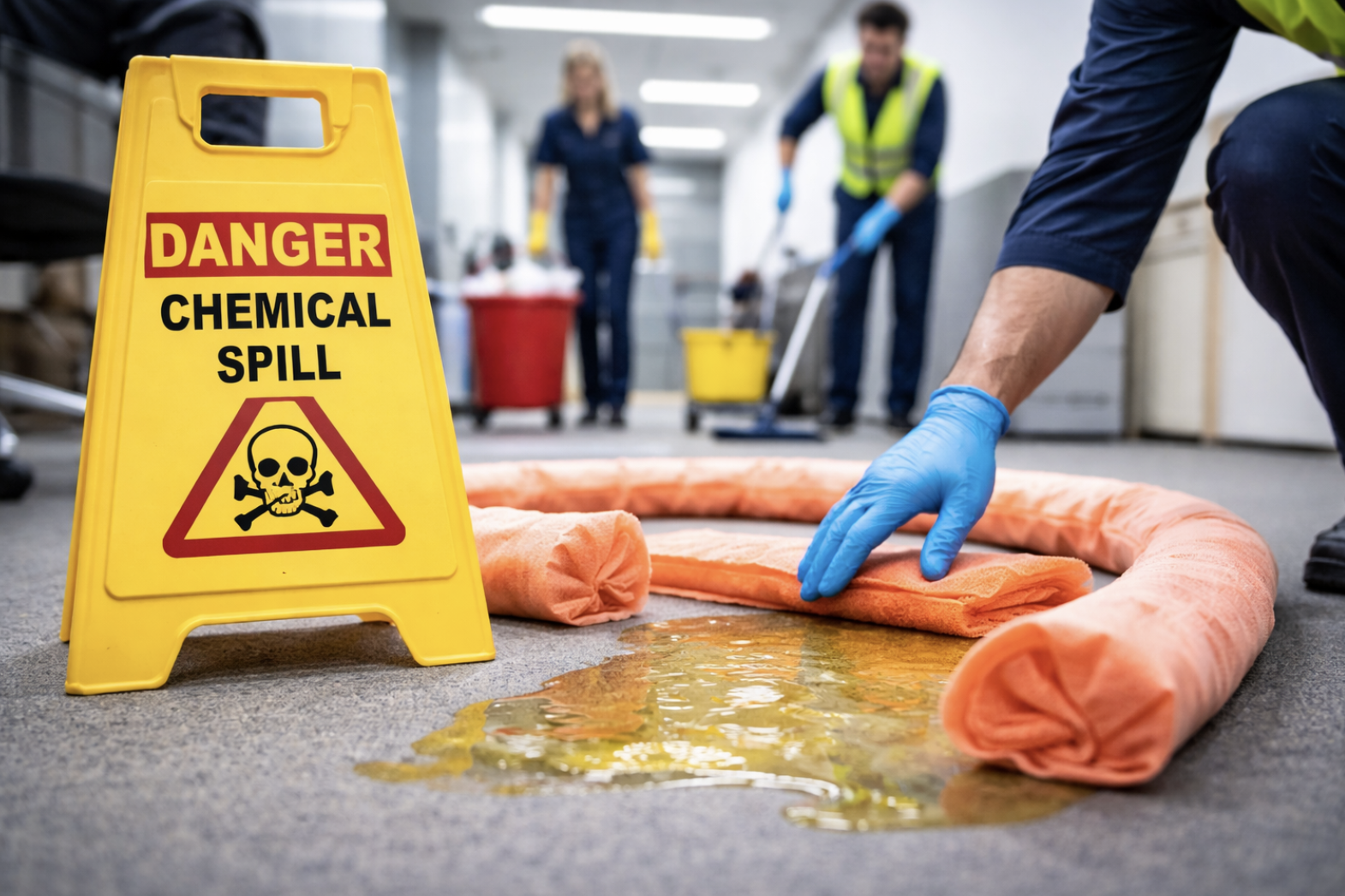 Emergency cleaning team managing a chemical spill with absorbent pads and safety equipment in a commercial facility, demonstrating rapid response cleaning procedures.