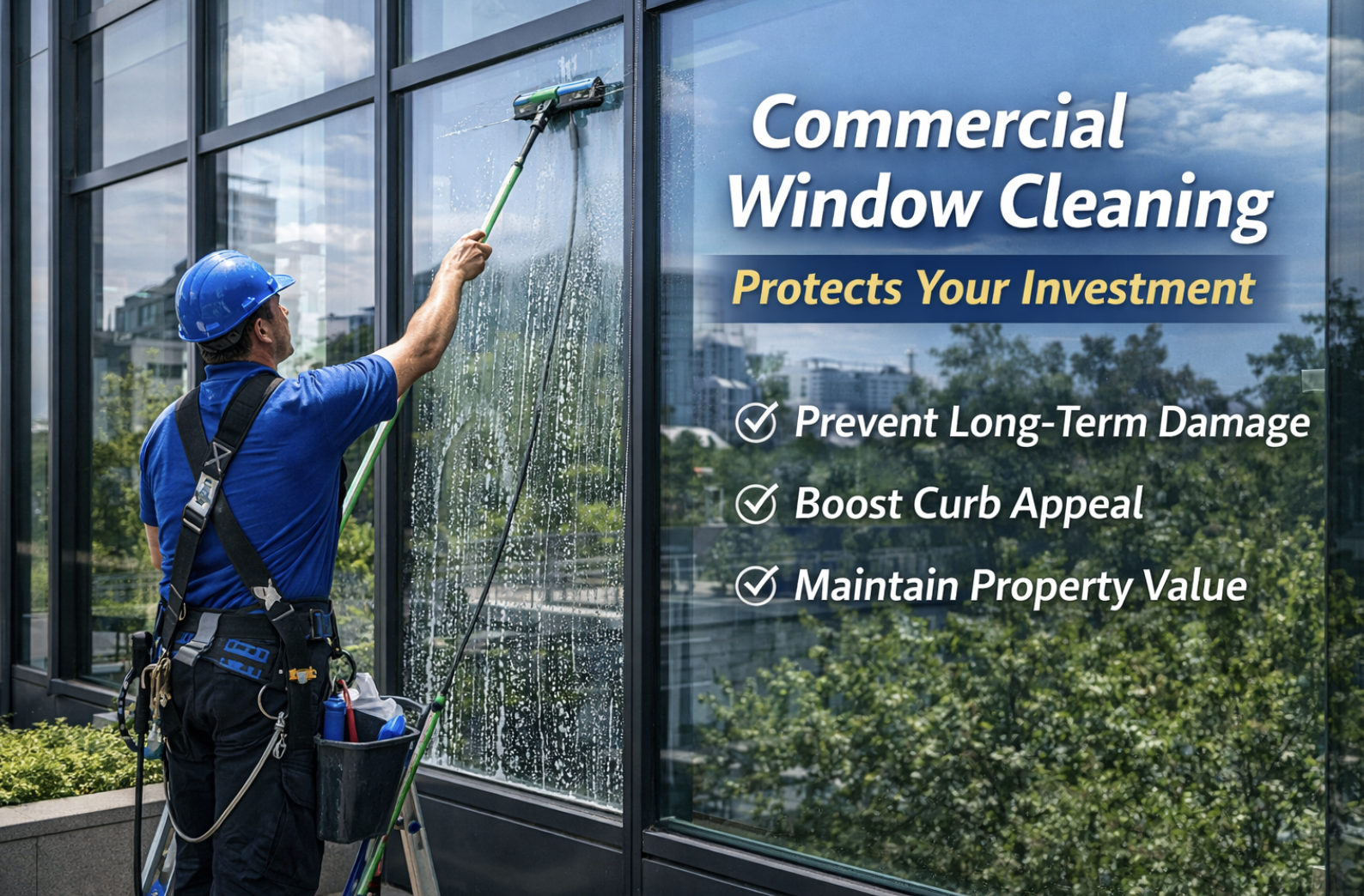 Professional commercial window cleaning using a water-fed pole system on a modern building to maintain clean glass, prevent damage, and improve curb appeal.