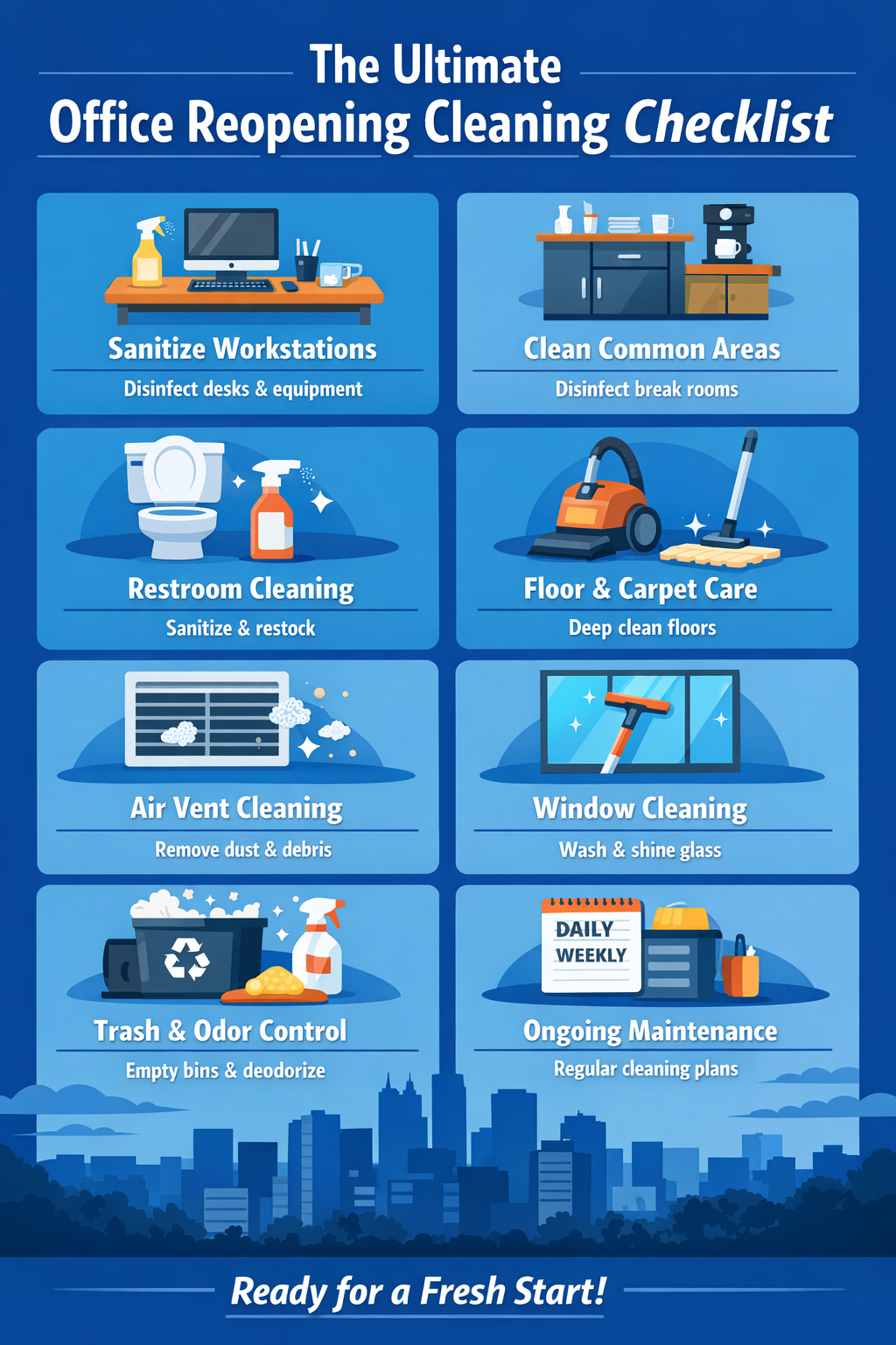 Minneapolis office cleaning checklist infographic showing workstation sanitizing, restroom cleaning, floor care, window cleaning, and janitorial maintenance tasks