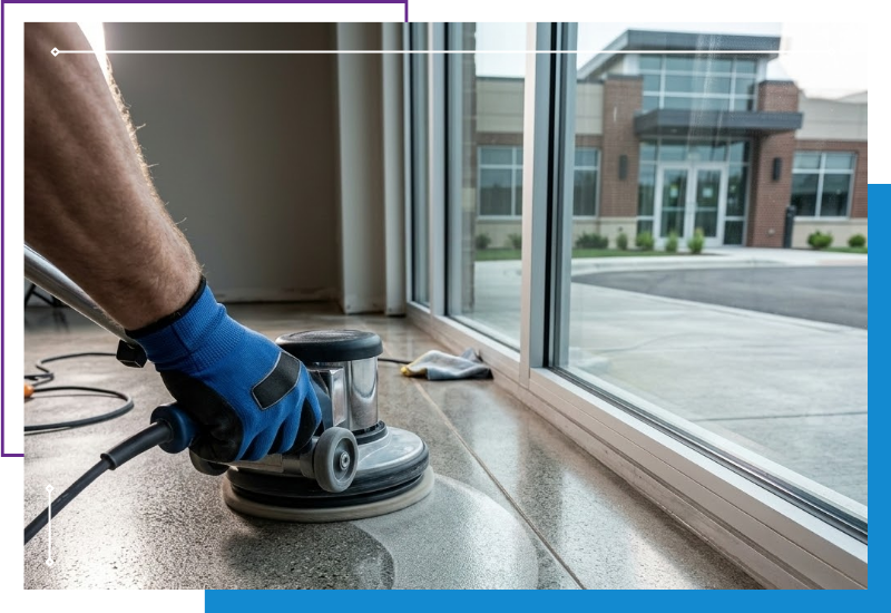 a gloved hand guiding a compact orbital floor polisher across an immaculate, recently sealed concrete floor in a new Lakeville commercial facility