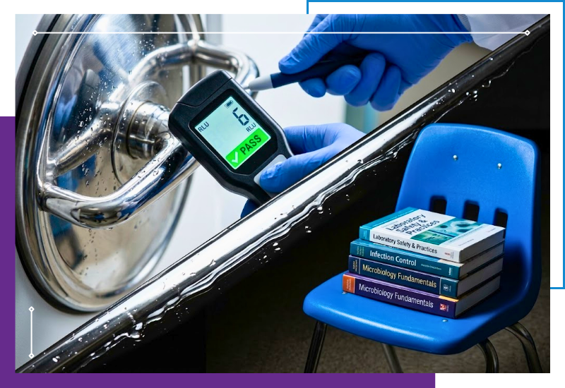 an immaculate autoclave handle separated by a diagonal shimmer of sanitizer from a pristine school chair with books, as a dynamic handheld ATP meter precisely measures a verified "PASS" status on the surface