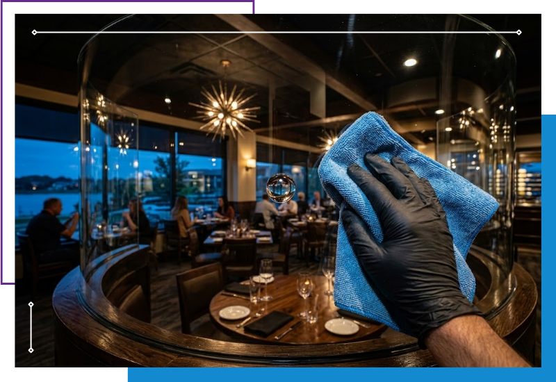 an upscale Lakeville restaurant at dusk as a gloved hand polishes away a single water droplet