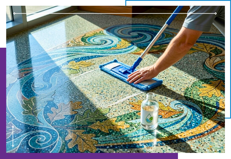 a modern Lakeville corporate lobby features natural light illuminating dynamic terrazzo floor patterns and stylized oak leaves as a cleaning professional's hand uses a microfiber mop, with a small, elegant clear glass "Eco-Safe" bottle
