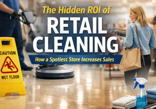 Retail cleaning professional using floor machine in spotless store to improve customer experience and increase sales