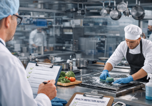 Restaurant cleaning and health inspection in commercial kitchen with staff sanitizing surfaces and inspector reviewing compliance checklist