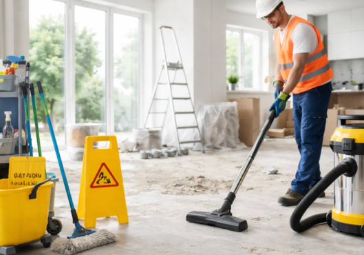 Post-construction cleaning worker using vacuum and equipment to remove dust and debris in new building interior
