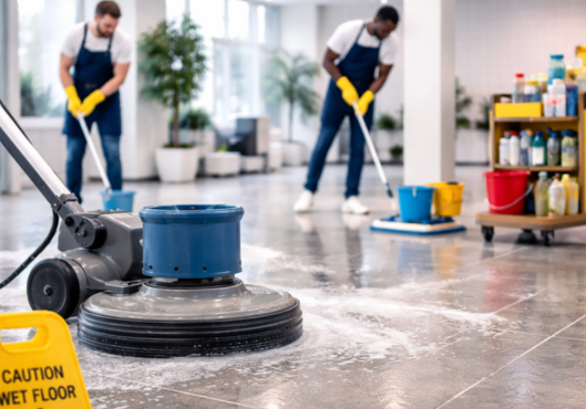 Floor strip and wax process in commercial space with professionals using floor buffer and applying wax for floor care