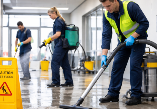 Professional cleaning team performing emergency cleaning services in a commercial facility, handling a floor spill with vacuum, disinfectant, and safety precautions.
