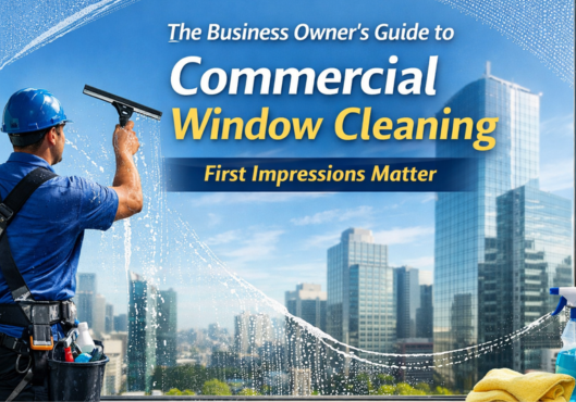 Professional commercial window cleaning service on a high-rise building, showing a worker using a squeegee to achieve streak-free glass and improve business appearance.