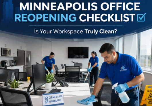 Professional office cleaning in Minneapolis with team disinfecting workstations and preparing workspace for reopening